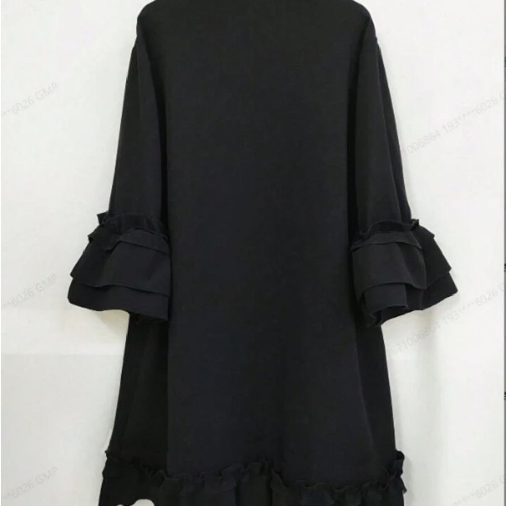 Brand New Black SHEIN Plus Size Solid Color Tie Neckline Waist Ruffle Hem Dress - Picture 2 of 4